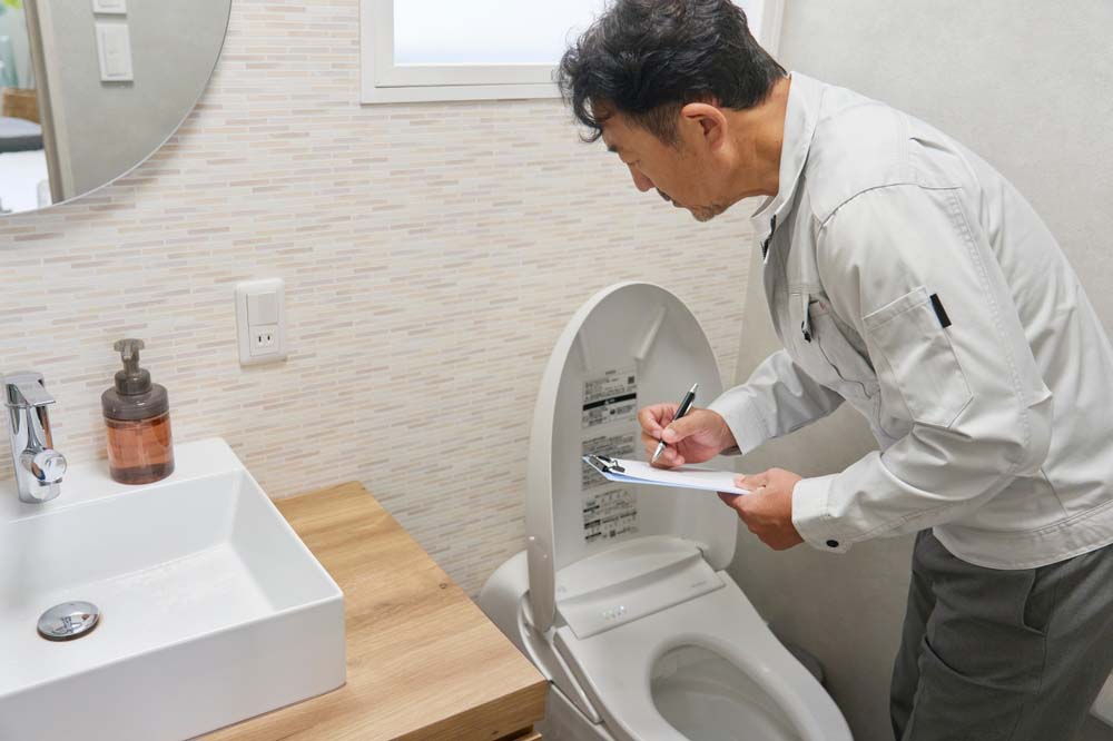 toilet being inspected by a plumber